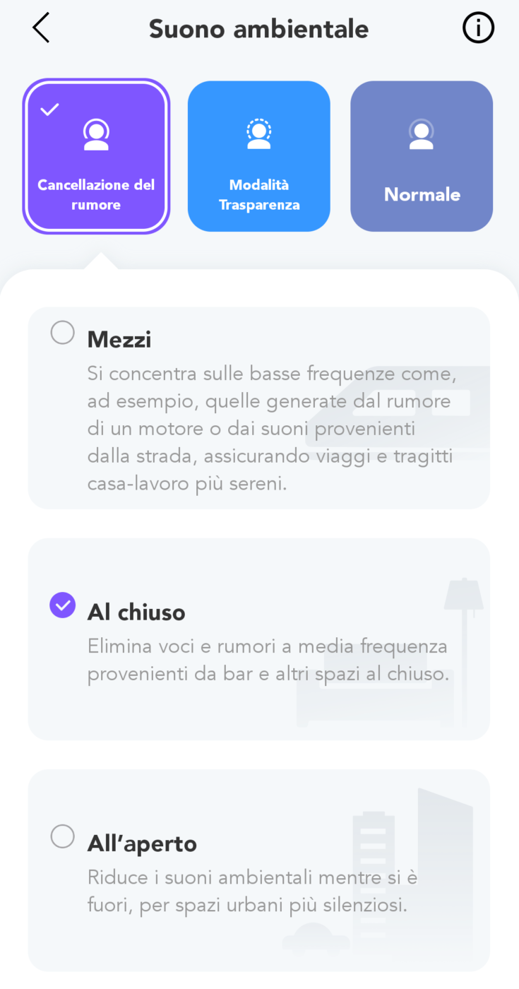 Modalità ANC per la riduzione dei rumori in esterni, interni, ecc.