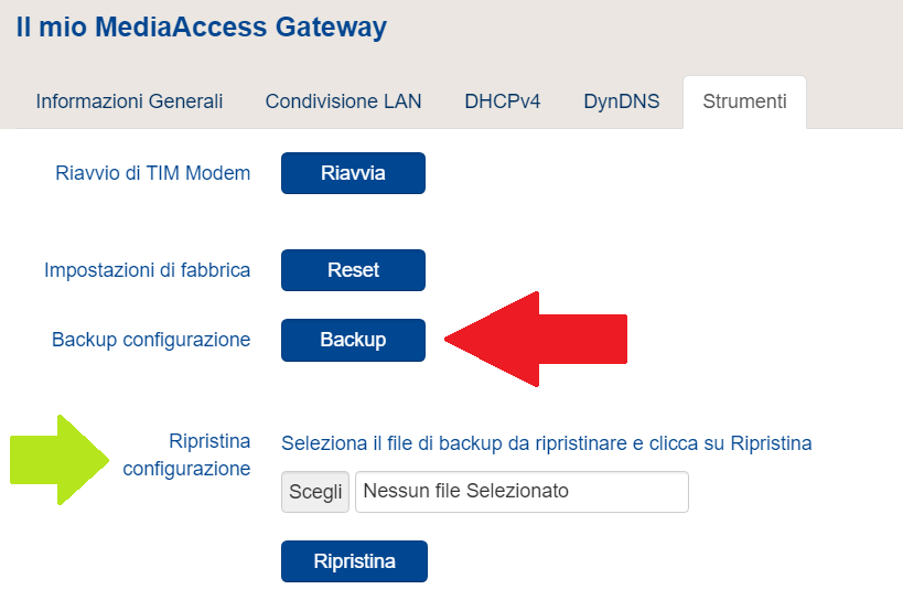 Backup impostazioni modem/router per eventuale ripristino (restore)