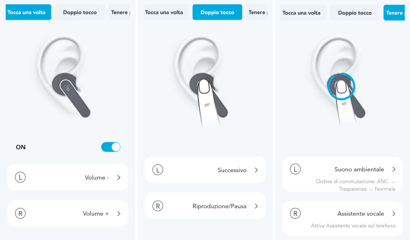 Funzioni associate ai comandi touch (app Soundcore)