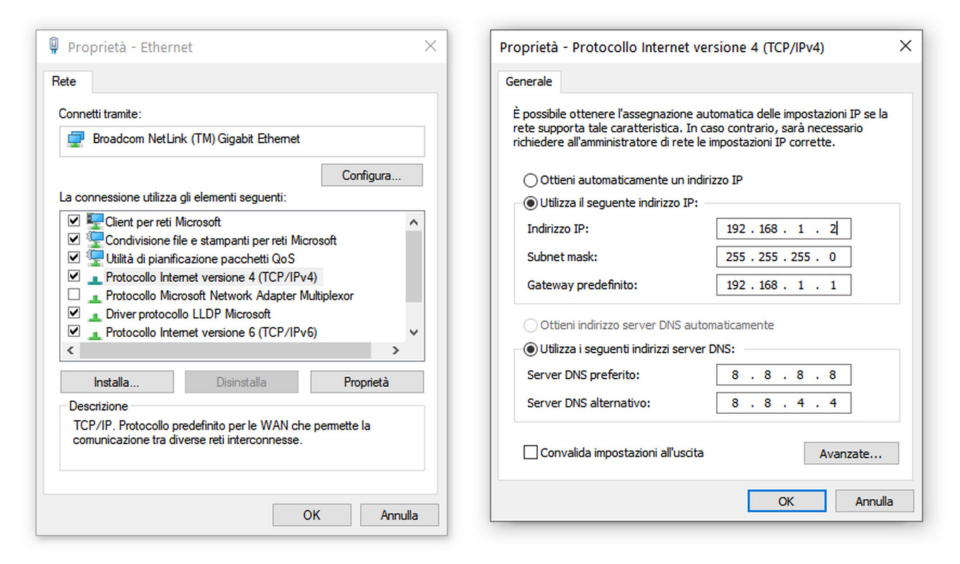 Configurazione della scheda Ethernet su PC Windows