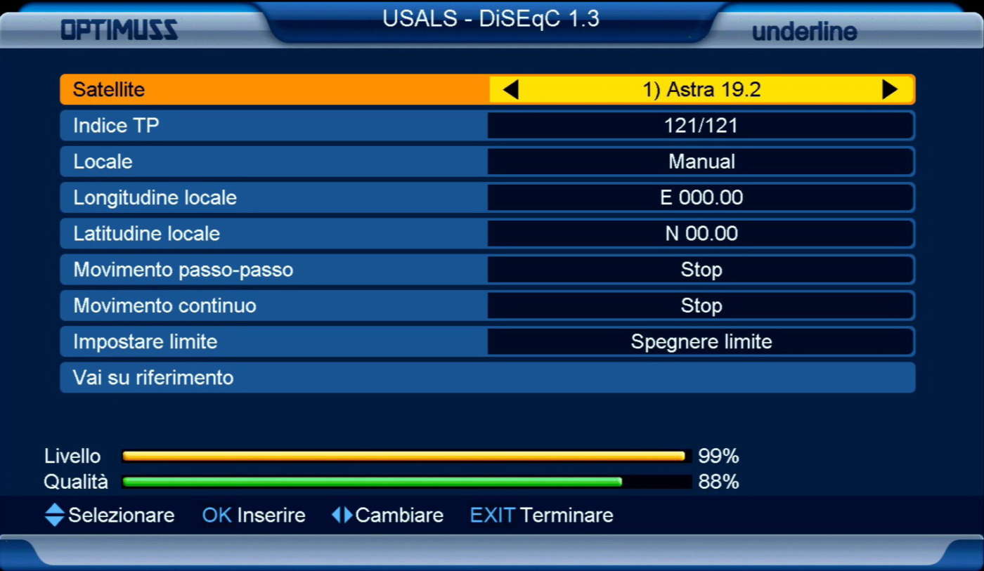 Schermata di configurazione di un motore monocavo dal decoder Sat