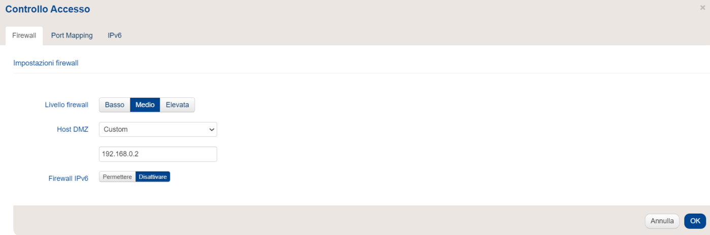 Inserimento dell’indirizzo IP del modem/router in cascata nella casella Host DMZ (area demilitarizzata)