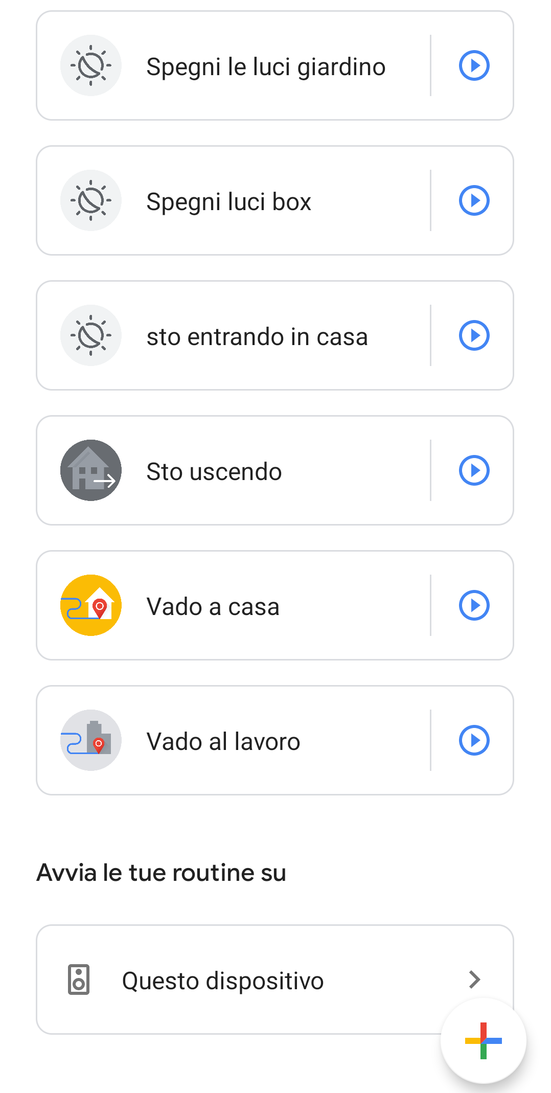 Routine Google configurata ed elenco routine