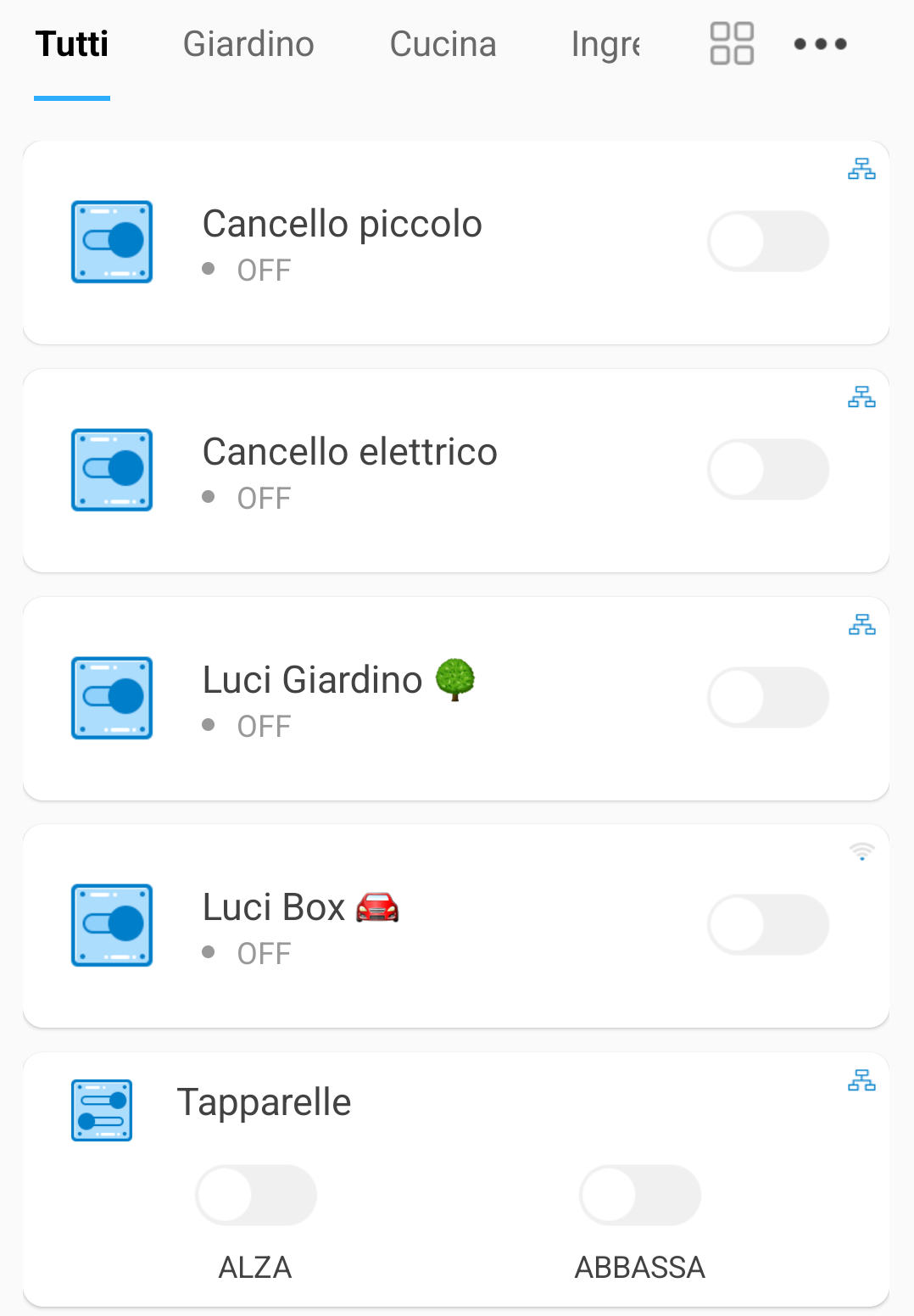 Elenco dispositivi domotizzati nella app Ewelink