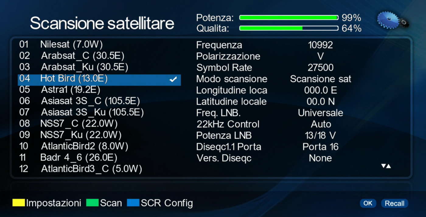Schermata OSD di configurazione dell’impianto satellitare