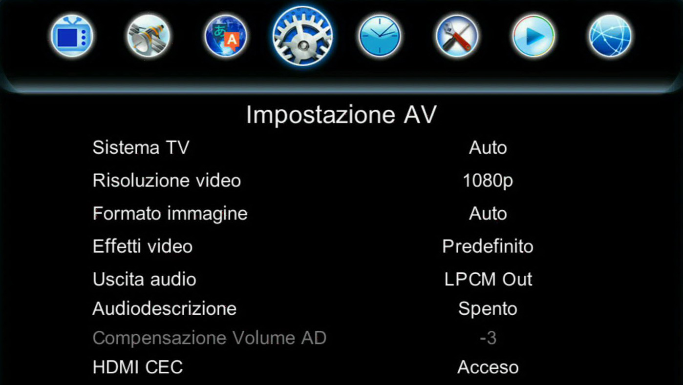 Menu delle impostazioni audio/video