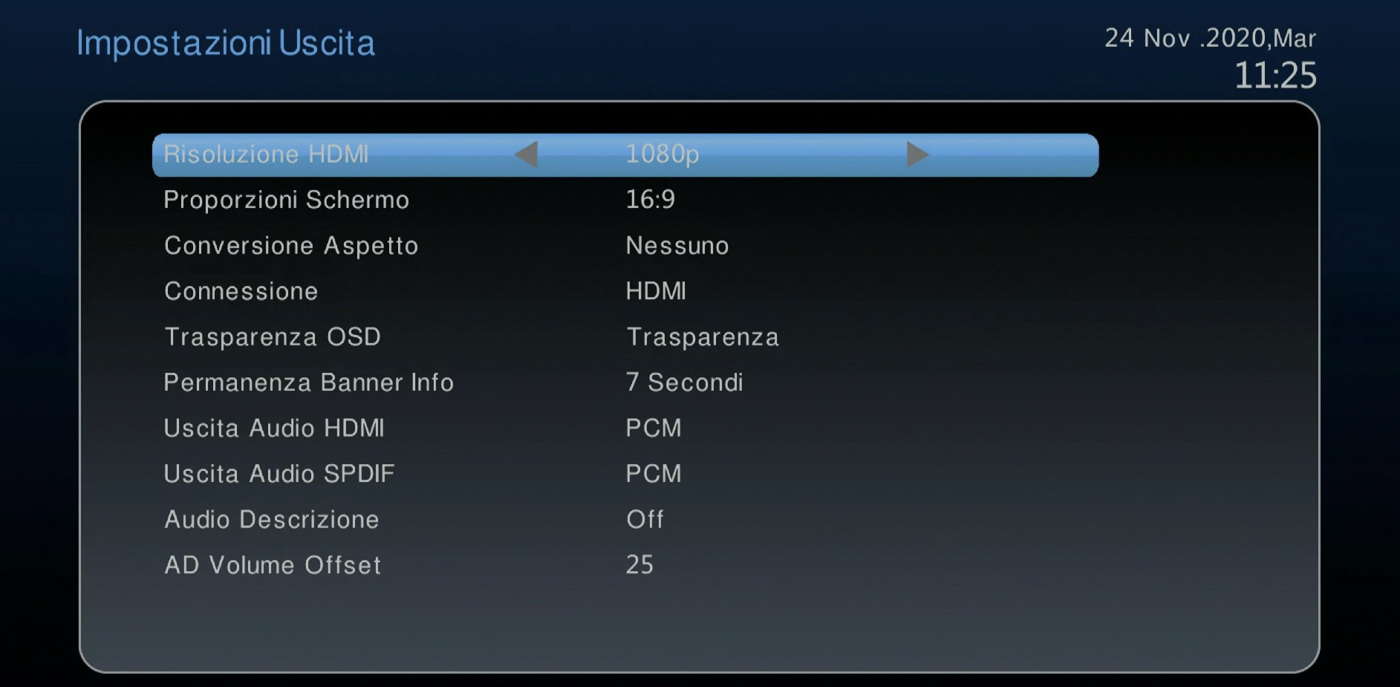 Impostazioni audio/video con funzioni extra (grafica OSD, audiodescrizione, ecc.)