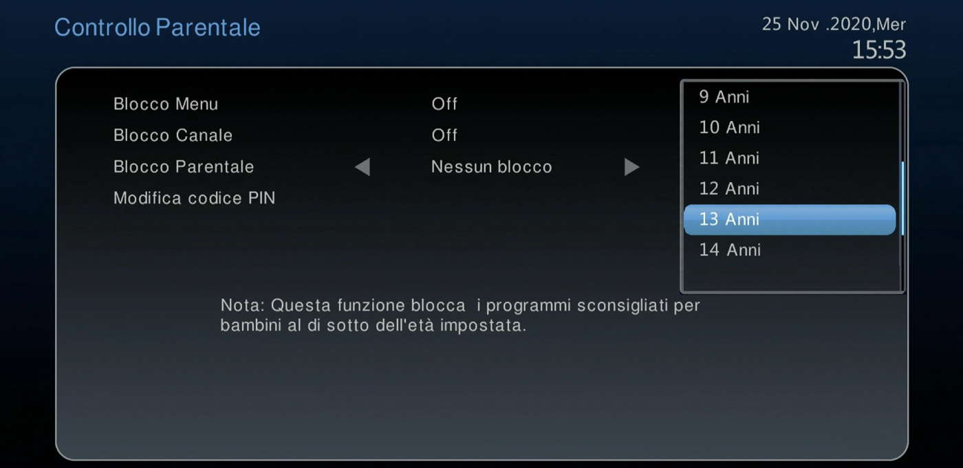 Schermata di configurazione del Parental Control