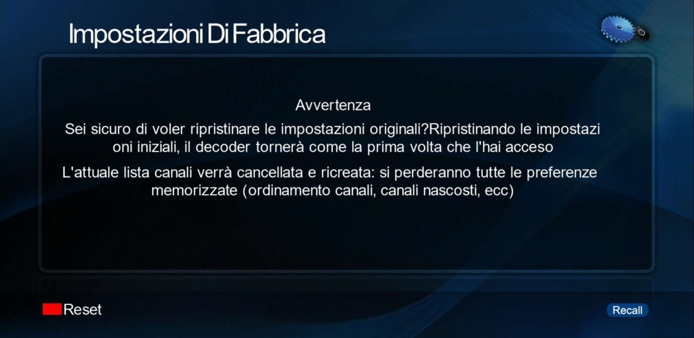 Ripristino del decoder alle impostazioni di fabbrica