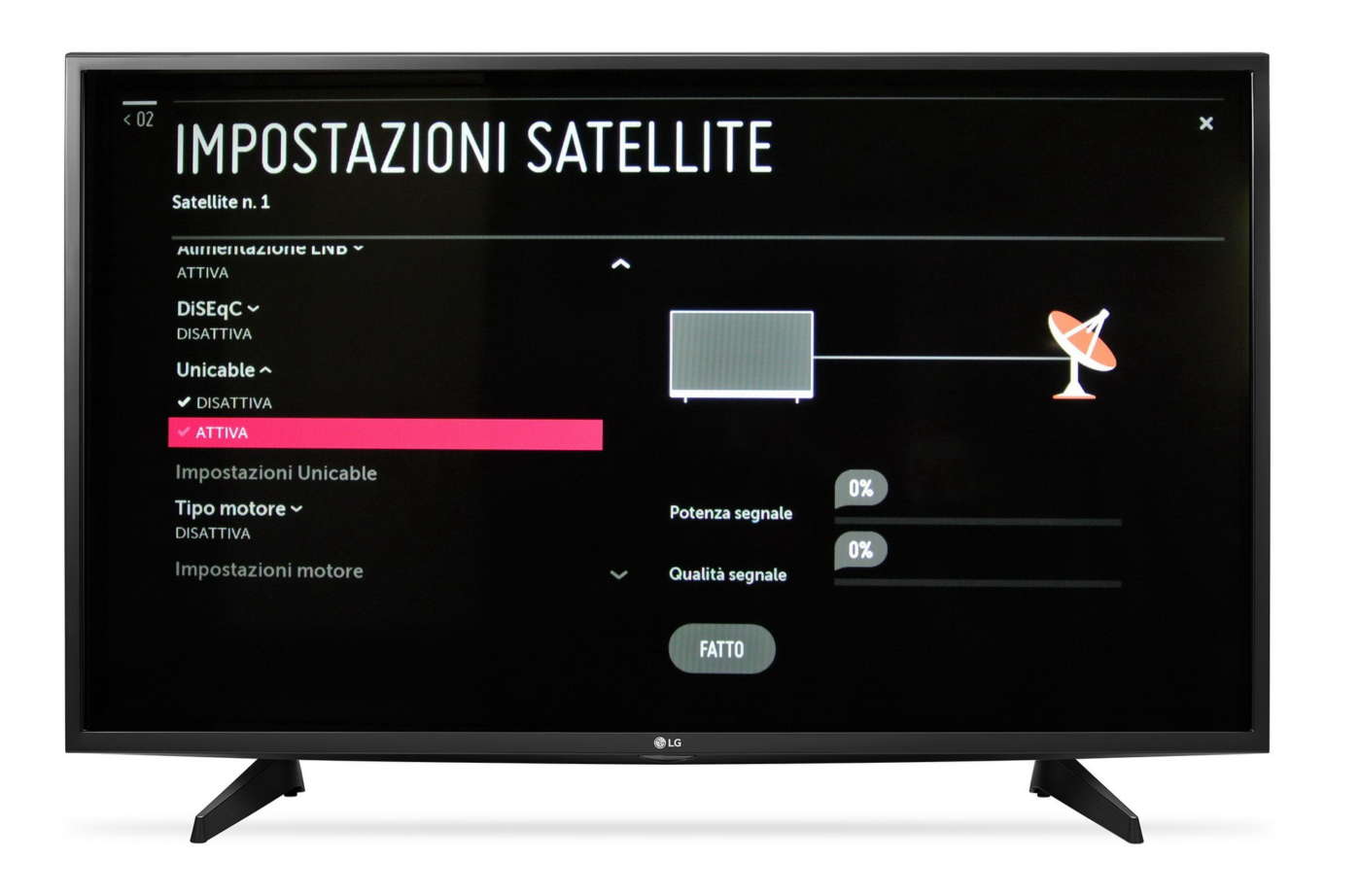 Televisore LG con sintonizzatore satellitare e supporto ai motori monocavo DiSEqC 1.2