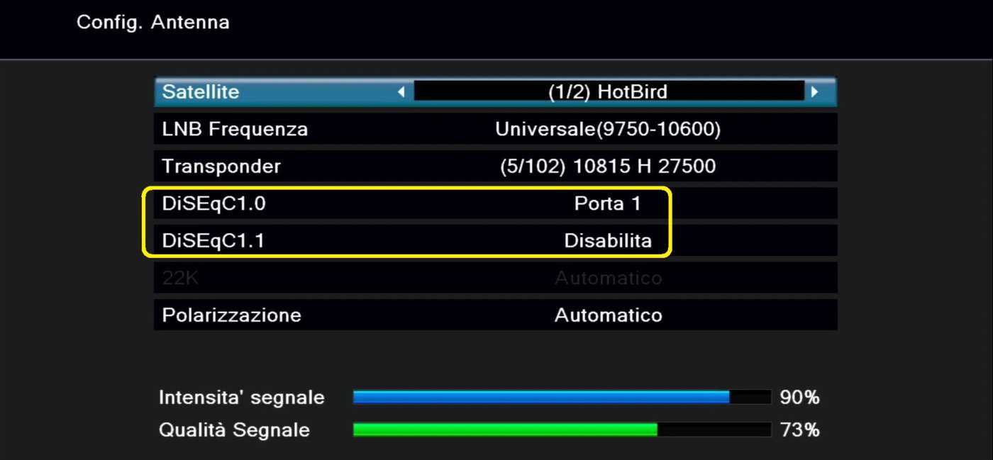 Impostazioni porte DiSEqC su decoder satellitare