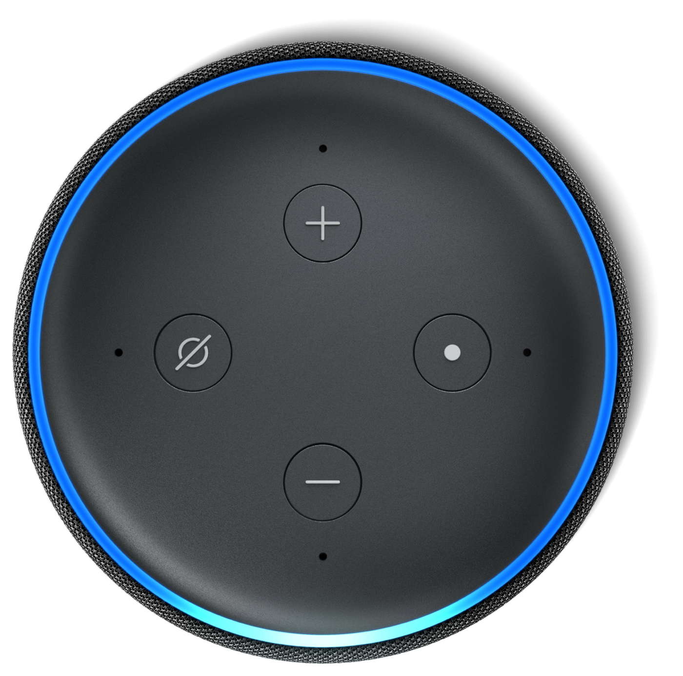 Pannello comandi dell'Echo Dot Gen3 con microfoni e anello led RGB
