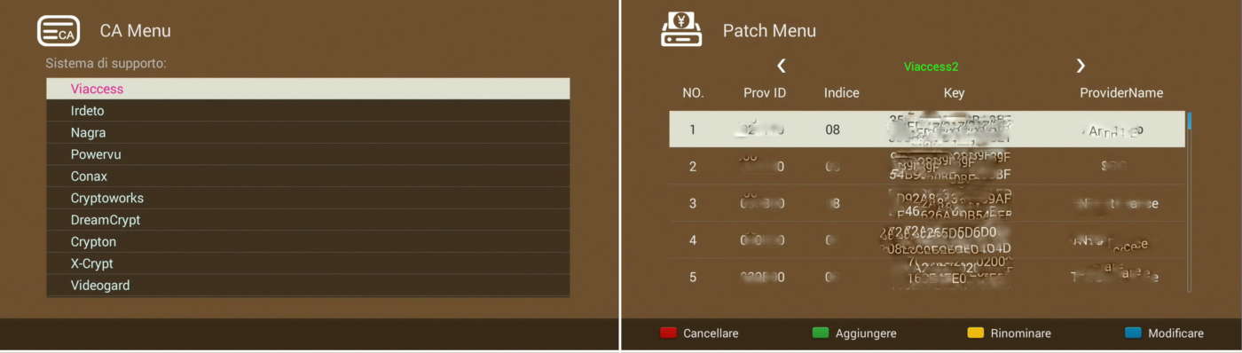 Menu di un decoder “patched” con elenco dei sistemi di codifica supportati e relative chiavi