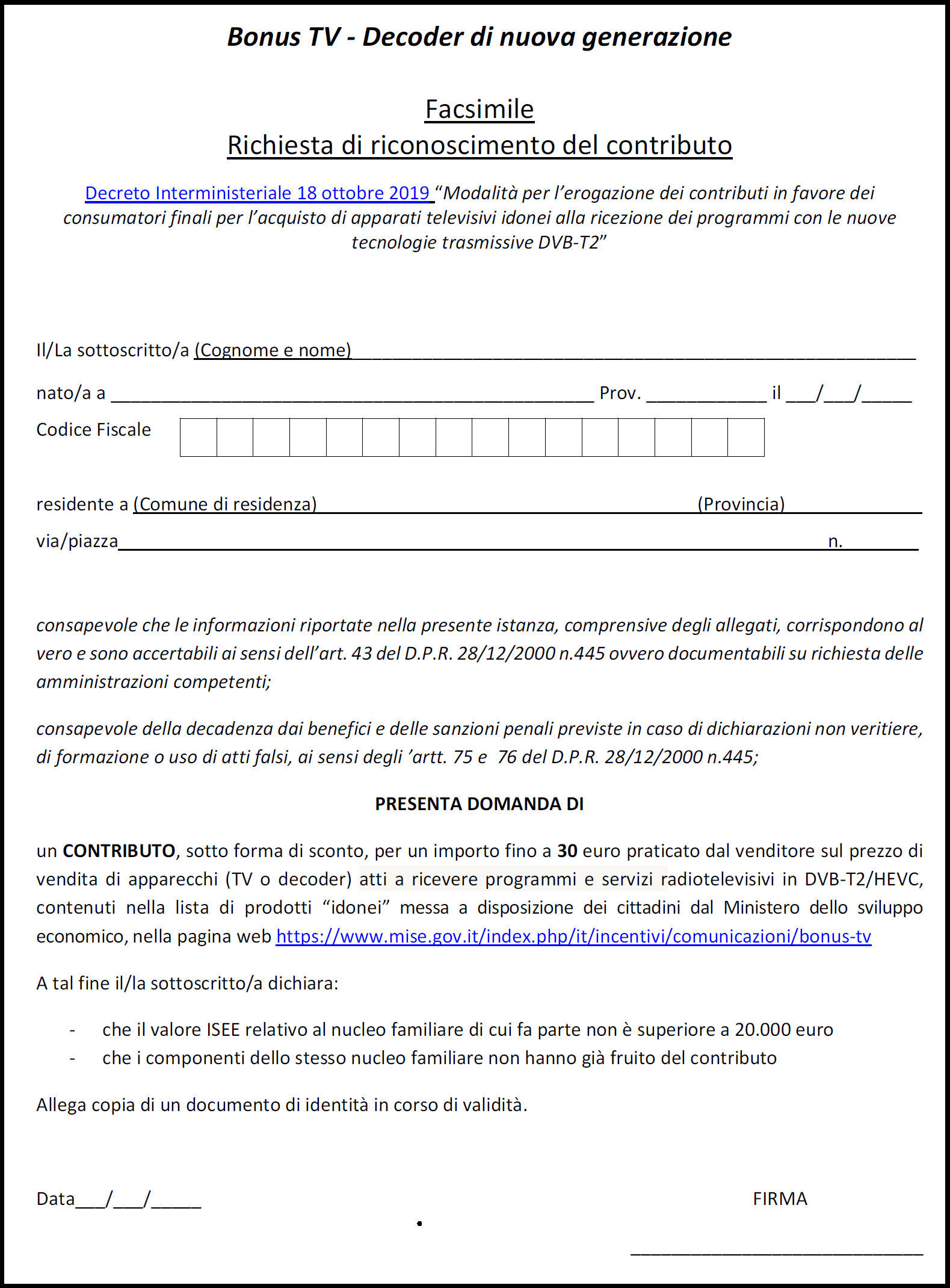 Facsimile della richiesta di riconoscimento del contributo da 30 euro
