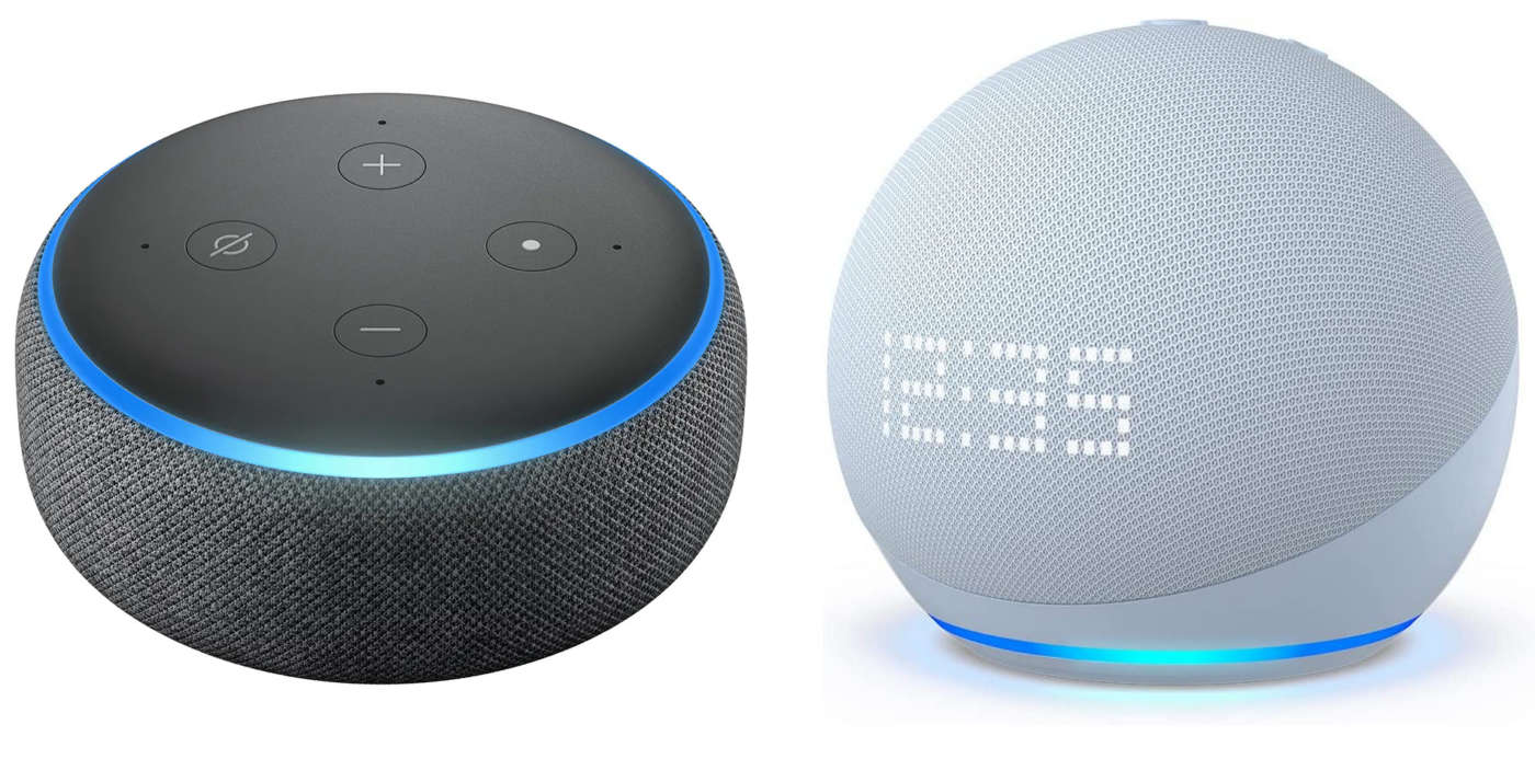 Echo Dot di terza generazione (a sinistra) e quinta generazione con orologio (a destra)
