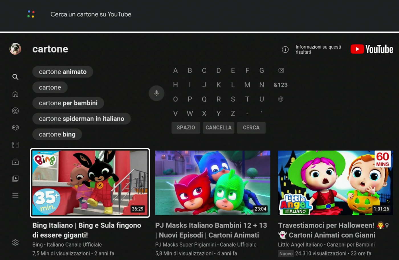 Ricerca vocale di un cartone animato su YouTube