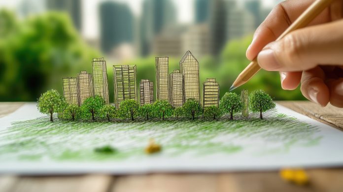 Person sketching a sustainable green city concept with eco-friendly buildings and trees on paper, symbolizing urban planning and environmental conservation