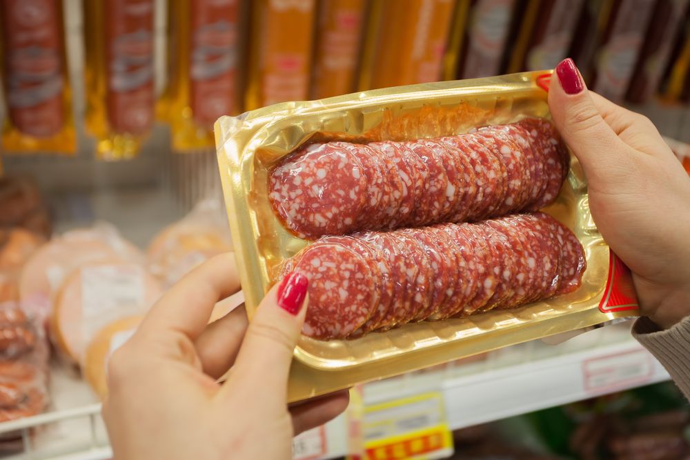 sausage for sandwich packed in a plastic bag at supermarket