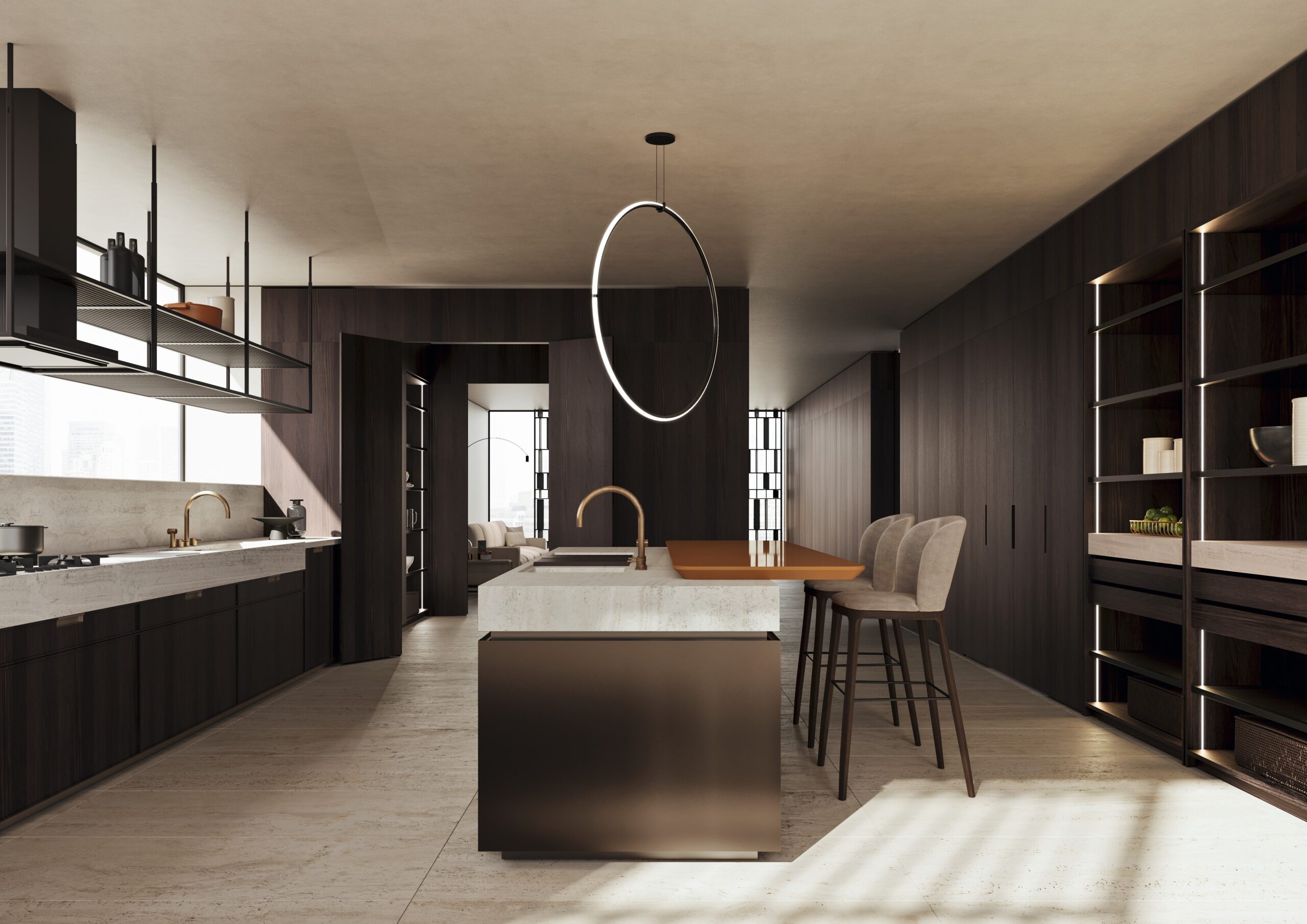 Del Tongo: la cucina con isola davanti al volume dello spazio cucina