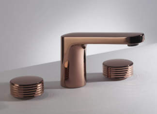 Nuova finitura Rame Lucido per Texture Collection di FIMA Carlo Frattini Miscelatore lavabo 3 fori della collezione Texture Collection firmata Meneghello Paolelli Associati nella nuova finitura Rame Lucido