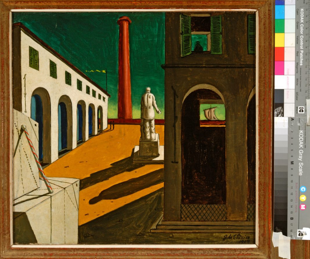 Giorgio de Chirico, Enigma della partenza, datato 1914 dall'artista, olio su tela cm 38,5 x 41, Fondazione Magnani Rocca (1)