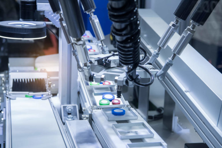 Automatic robot in assembly line working in factory. Smart factory industry 4.0 concept.