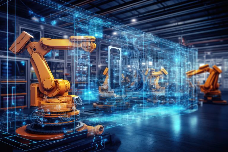 FABBRICA DEL FUTURO dassault systèmesSmart industry robot arm system for digital factory production. 3D rendering, Smart industry 4.0 technology concept with icons showing automation system, AI Generated