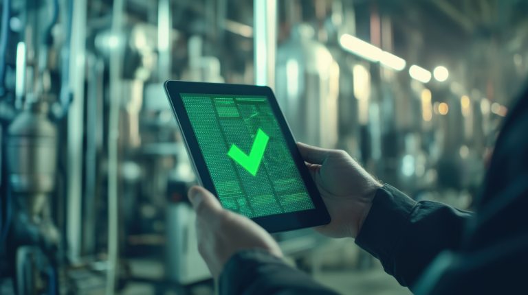 Teamsystem Cybersecurity Engineer holding tablet showing green check mark in industrial factory setting