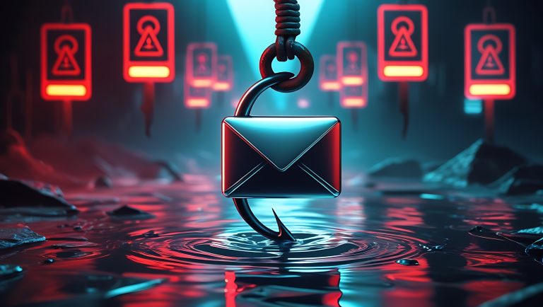 Illustrazione concettuale di phishing con busta e-mail agganciata a un amo, utilizzata per rappresentare i rischi legati al test del dominio e alla sicurezza digitale aziendale