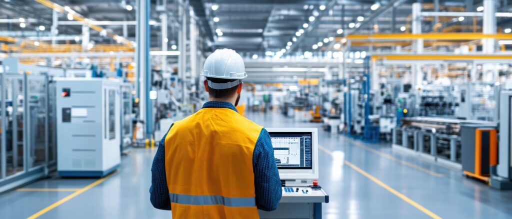 ingegnere davanti a un PC in fabbrica, concetto di smart factory