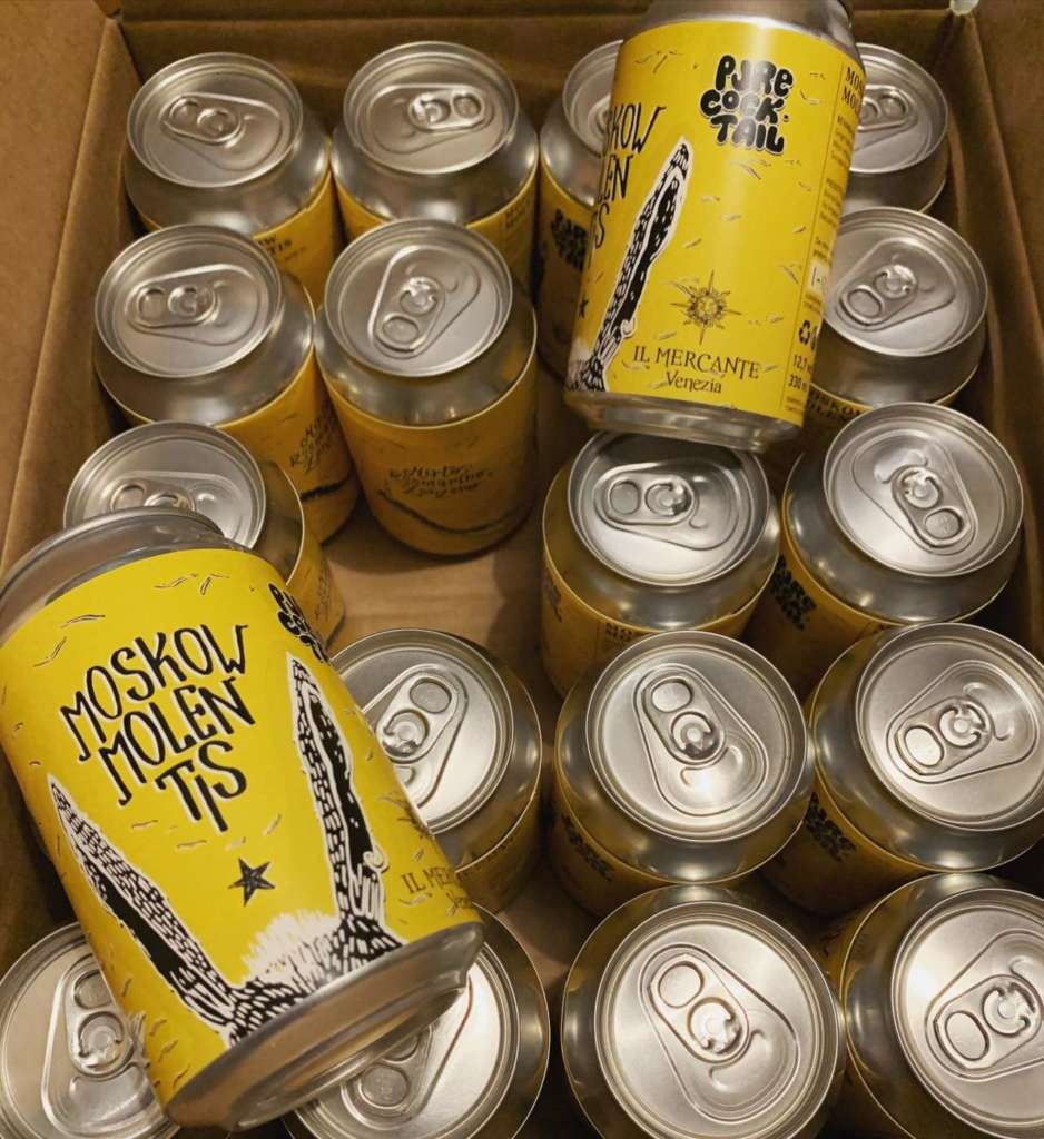 La scatola con le prime lattine de Il Mercante di Venezia prodotte in collaborazione con Al Quèrto di Bassano del Grappa