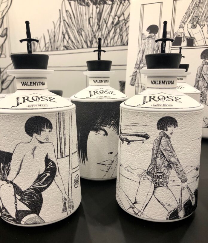 J.Rose London Dry Gin con le tre etichette Valentina dby Guido Crepax