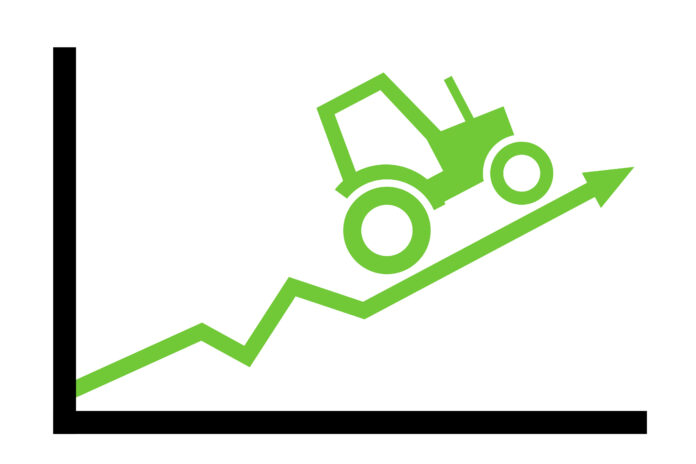 Tractor and positive chart - agriculture / farming as growing and profitable industry. Iprovement and increase of profit. Vector illustration