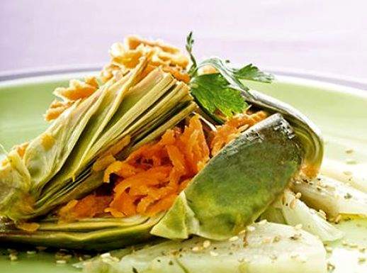 Carciofi trifolati alle carote con finocchi al sesamo 518