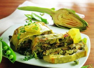 Terrina di taccole, carciofi e piselli