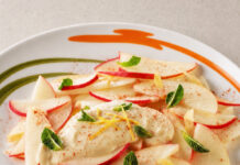 Carpaccio di pesche allo zenzero con salsina al limone e cannella