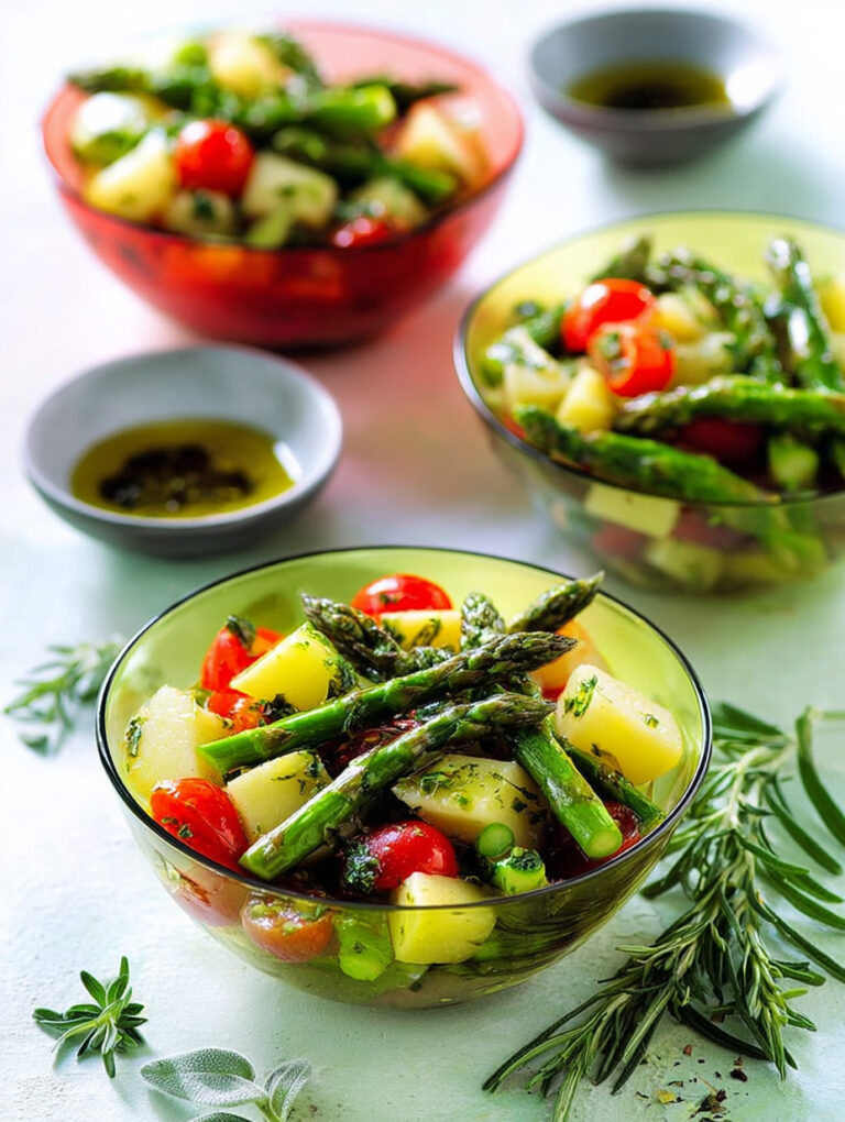 Coppette di asparagi, patate e pomodorini con olio aromatico