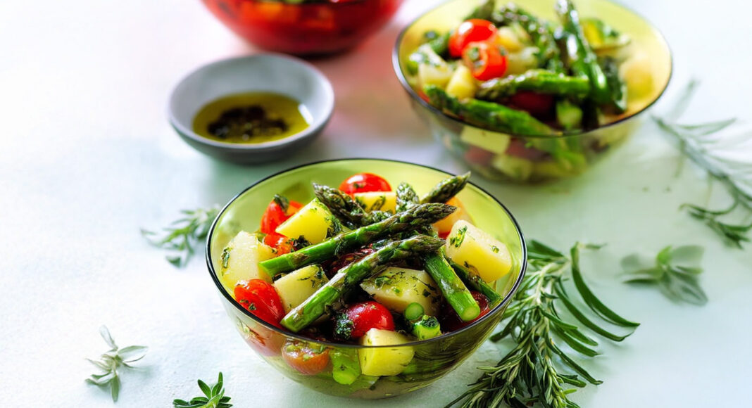 Coppette di asparagi, patate e pomodorini con olio aromatico