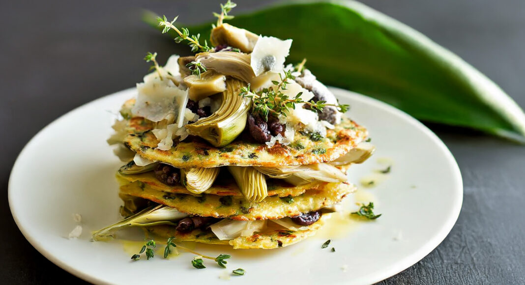 Crespelle di ceci con carciofi e formaggio caprino