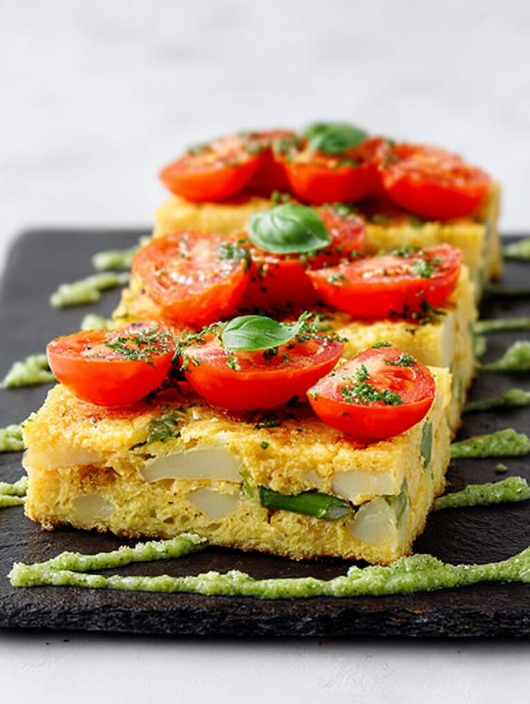 Piccoli quadrati di farinata agli asparagi con pomodori