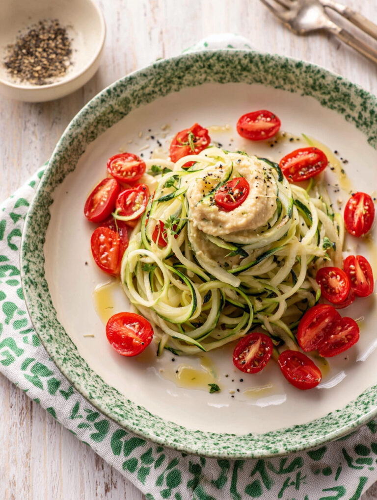 spaghetti-cetrioli-hummus-datterini Spaghetti di cetrioli con hummus e datterini