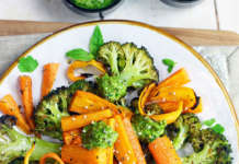 broccoletti e carote con pesto e chips