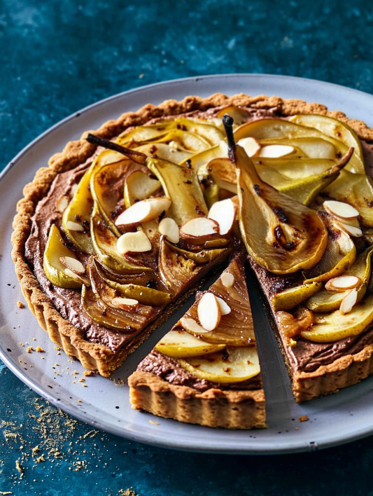 Crostata cioccolato, ricotta, mandorle e pere caramellate