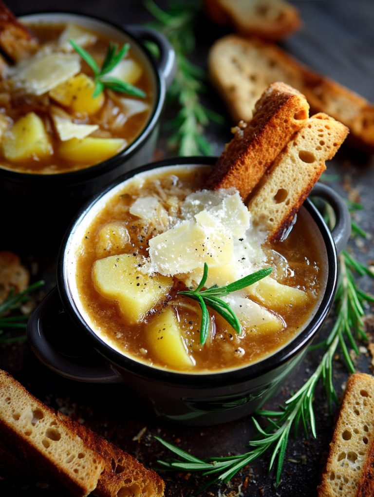 Zuppa di cipolle, patate e scaglie di parmigiano