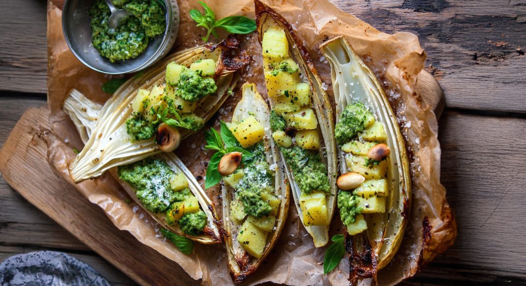 Indivia al forno ripiena di patate al pesto