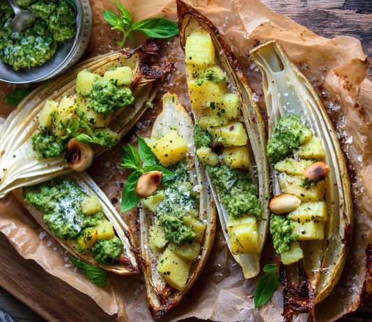 Indivia al forno ripiena di patate al pesto