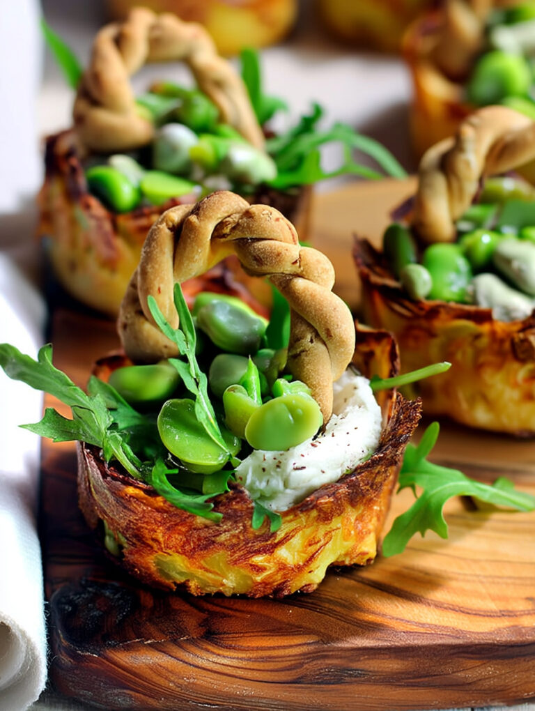 Cestini di patate con rucola e fave