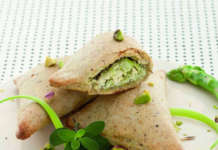 Sfoglie di pistacchio con ripieno di asparagi alla maggiorana