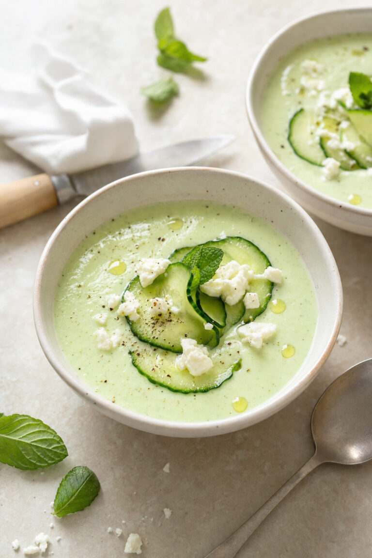 Vellutata di cetrioli allo yogurt con feta e menta