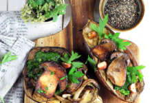 Melanzane con funghi e salsa verde